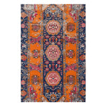 Vibrant Crimson Flora hand-knotted area rug featuring intricate Persian designs with bold orange, navy, and pink patterns. Perfect as a vintage rug for large living room spaces, adding elegance and warmth to your home decor.