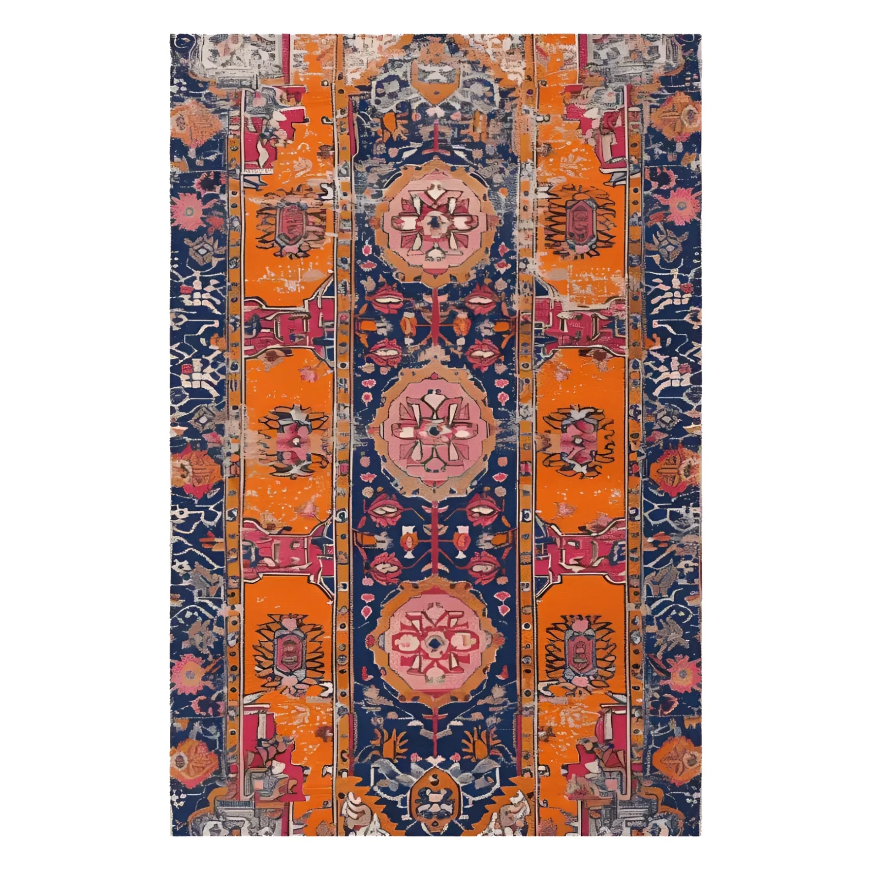 Vibrant Crimson Flora hand-knotted area rug featuring intricate Persian designs with bold orange, navy, and pink patterns. Perfect as a vintage rug for large living room spaces, adding elegance and warmth to your home decor.