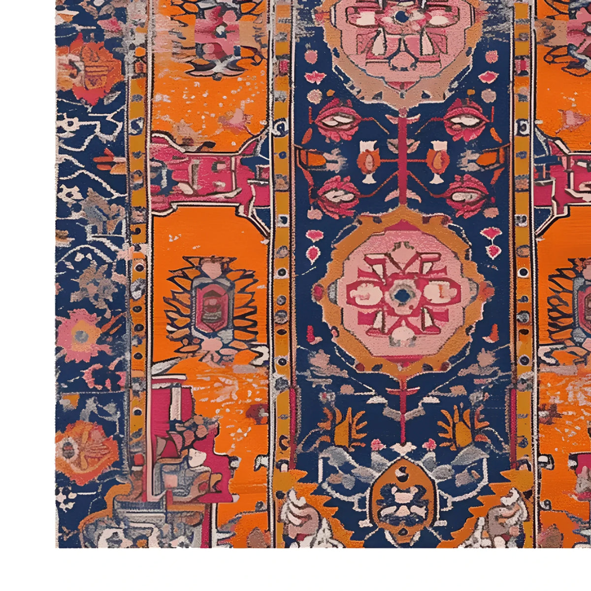 Vibrant Crimson Flora Hand Knotted Area Rug featuring intricate vintage designs with bold orange and navy patterns, perfect for large living rooms. This Persian-inspired rug adds a touch of elegance and warmth to any area, making it an ideal choice for area rugs in a living room setting.