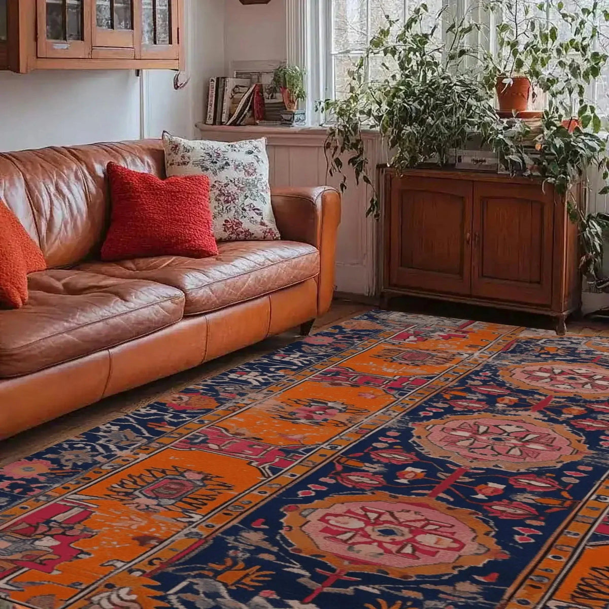 A vibrant Crimson Flora Hand Knotted Area Rug in a cozy living room setting. This vintage rug features intricate Persian designs with rich orange and navy hues. Perfect for large living rooms, the area rug complements the warm tones of a leather sofa and adds a touch of elegance to the space. Lush greenery and natural light enhance the inviting atmosphere.