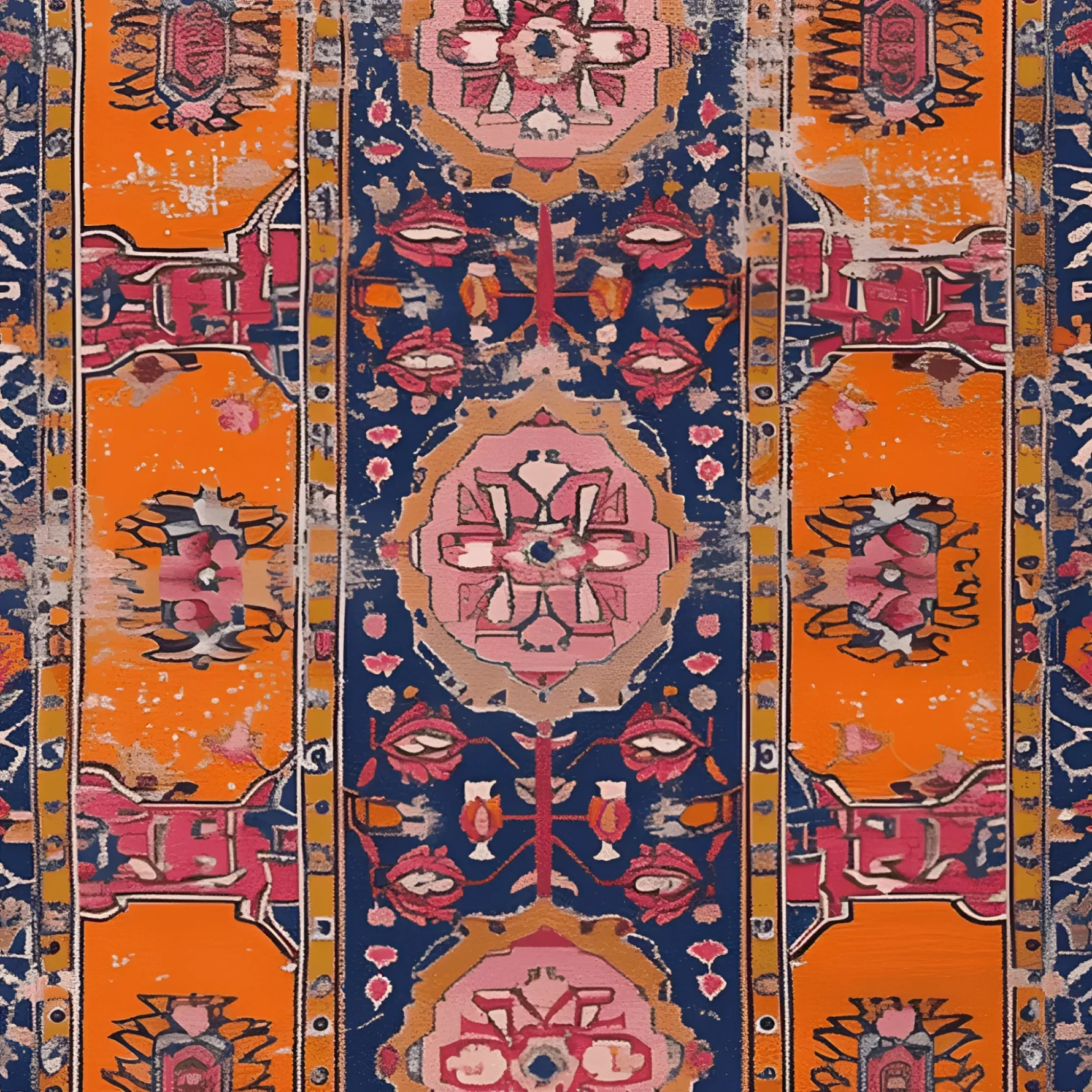 Detailed view of the Crimson Flora Hand Knotted Area Rug showcasing its vibrant orange and pink patterns, perfect for adding a vintage touch to large living room spaces. This Persian-inspired rug features intricate floral motifs that make it an ideal area rug for any living room.