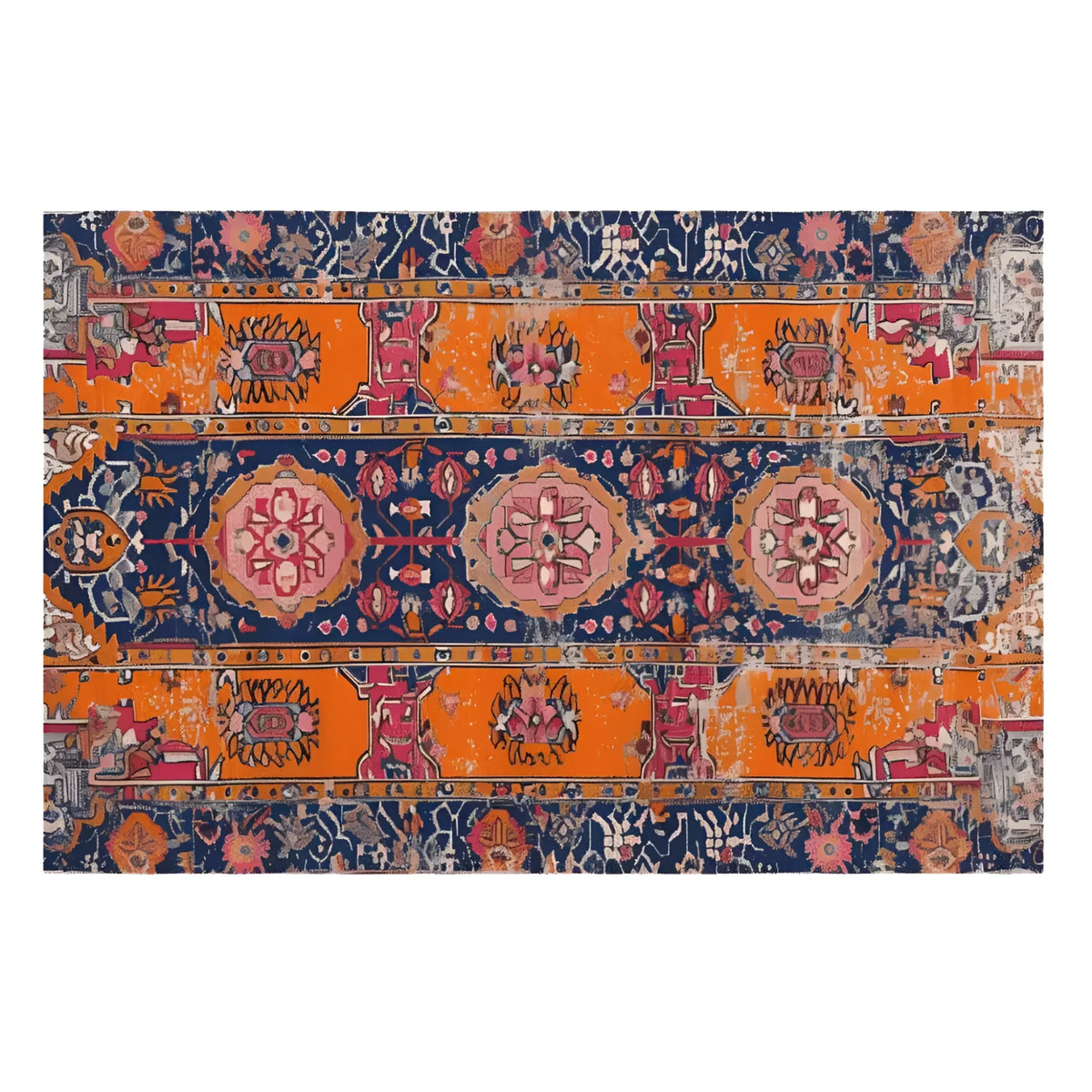 This stunning Crimson Flora Hand Knotted Rug showcases a vibrant pattern with intricate designs in rich orange, blue, and pink hues. Perfect as an area rug for a large living room, it captures the essence of vintage Persian rugs, adding elegance and warmth to any space.