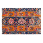 This stunning Crimson Flora Hand Knotted Rug showcases a vibrant pattern with intricate designs in rich orange, blue, and pink hues. Perfect as an area rug for a large living room, it captures the essence of vintage Persian rugs, adding elegance and warmth to any space.