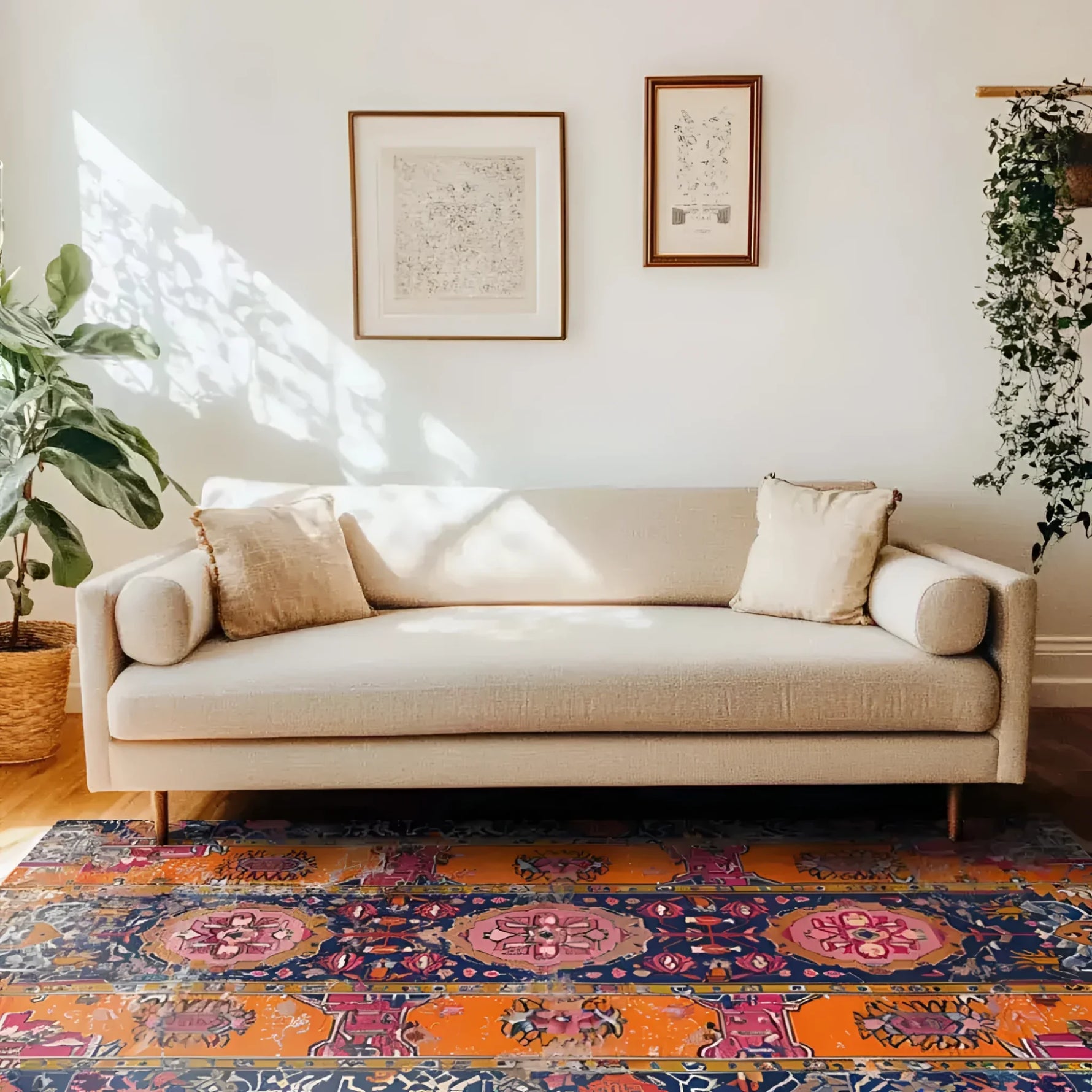 A beautifully styled living room featuring a Crimson Flora Hand Knotted Area Rug. This vintage rug showcases intricate Persian designs with bold colors, making it a standout piece among large living room rugs. The rug perfectly complements the neutral-toned sofa and the framed artwork on the wall, creating an inviting and elegant atmosphere.