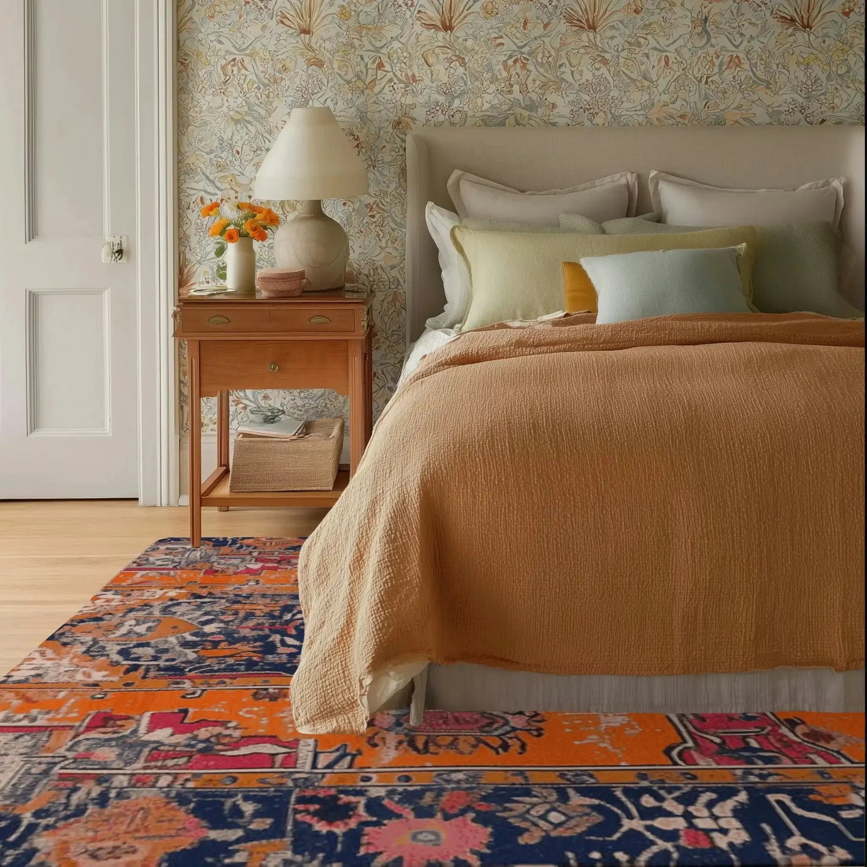 A beautifully styled bedroom features a vibrant Crimson Flora Hand Knotted Rug, an exquisite area rug with a vintage design. The rug's rich colors and intricate patterns enhance the cozy ambiance of the space, making it a perfect choice for large living room areas and lovers of Persian rugs.
