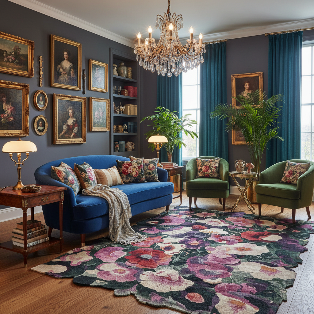 Luxurious living room with blue sofa, green armchair, and decorative elements.