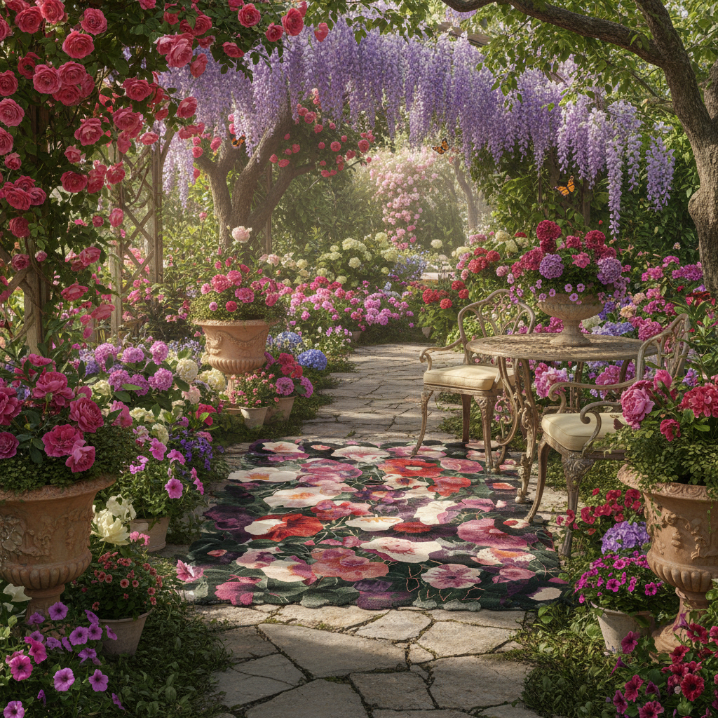 Garden with flowers, table, and chairs under a wisteria arch