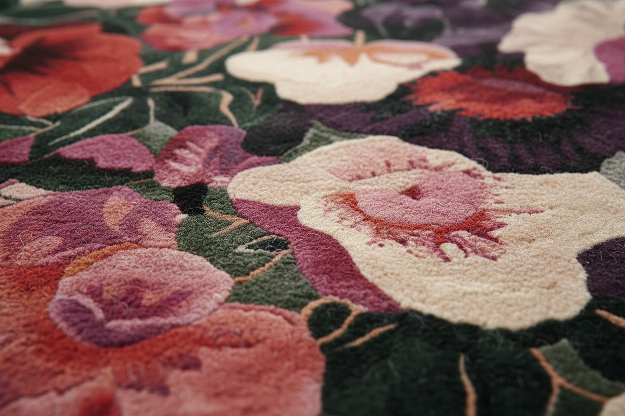 Close-up of a floral patterned rug with vibrant colors.