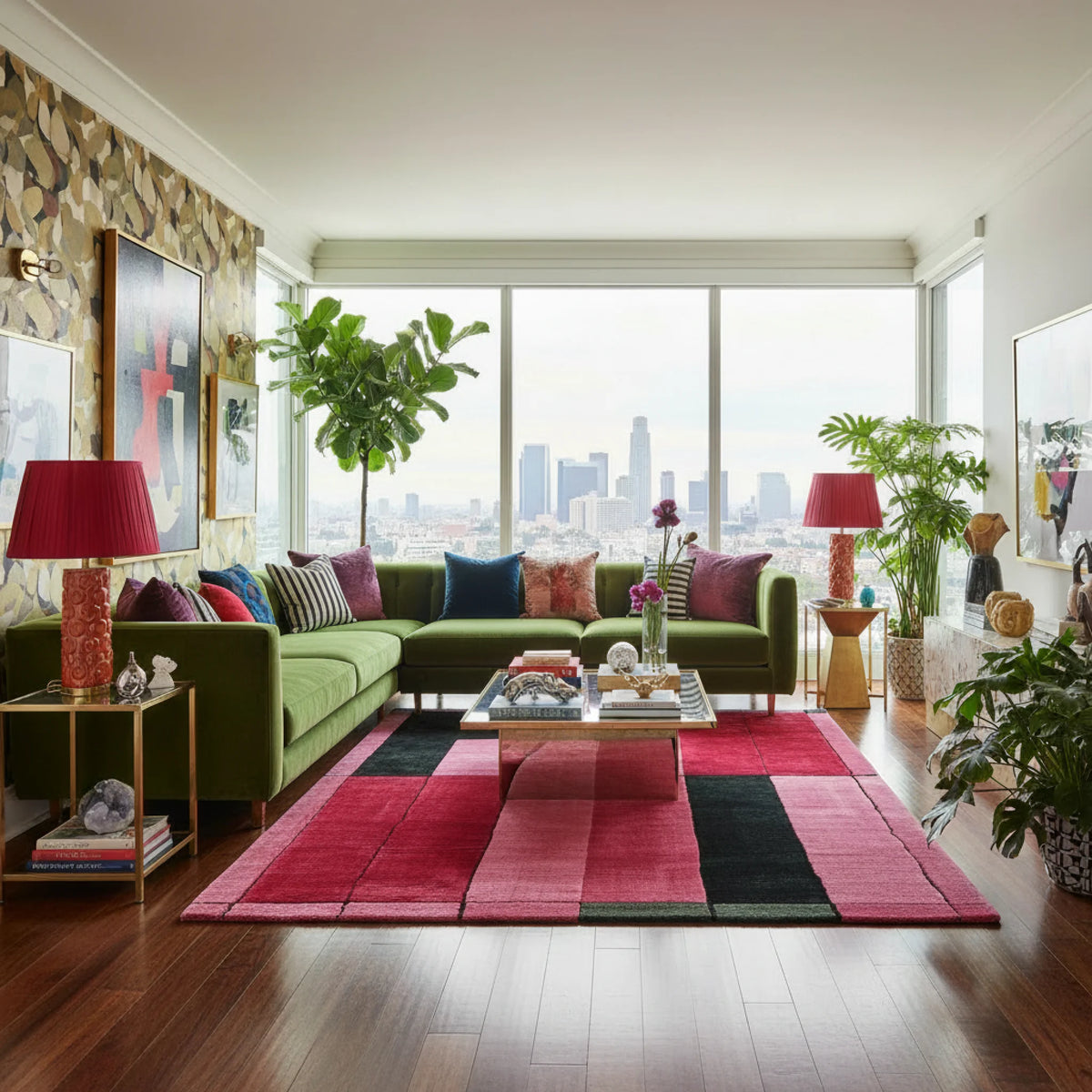 Vibrant Crimson Grid Fold Hand Tufted Area Rug featuring a contemporary design with bold red and black geometric patterns, ideal as a wool rug for adding a modern touch to any living room.
