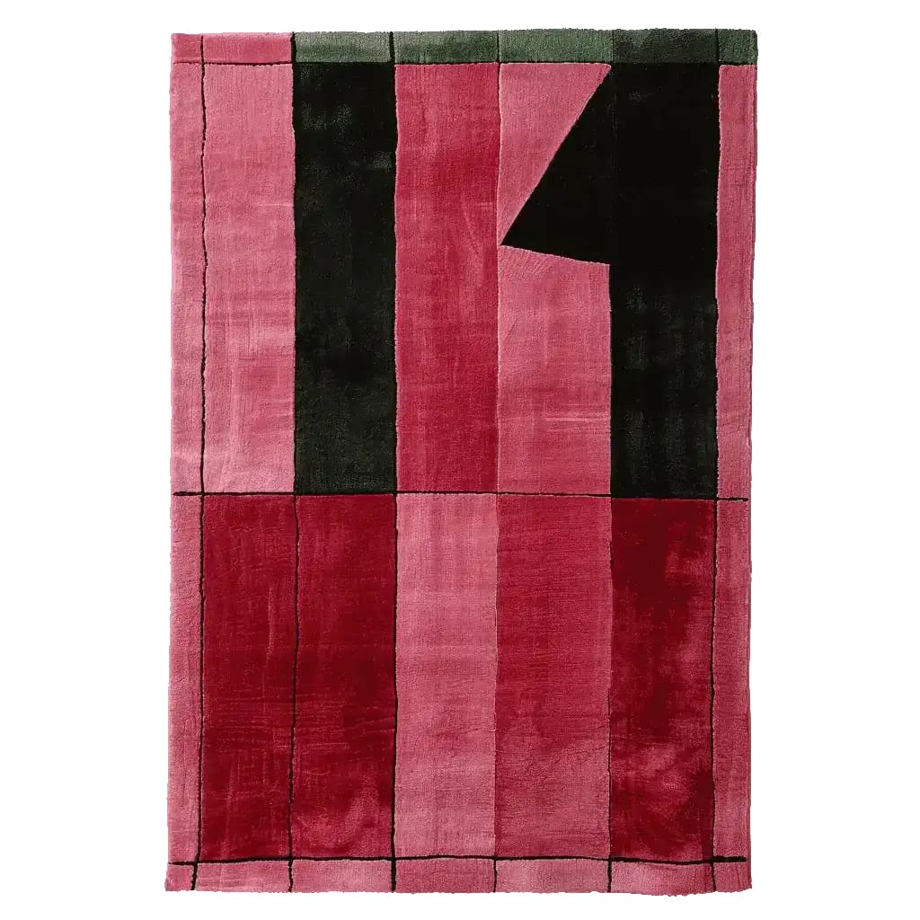 Top view of the Crimson Grid Fold Hand Tufted Rug, a contemporary area rug perfect for living rooms. The wool rug features a striking geometric design with deep red and black tones, adding a modern touch to home decor.