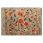 Top view of the Crimson Lotus Hand Tufted Wool Area Rug featuring a vibrant floral design with large red and orange blooms and intricate blue leaves on a beige background, exuding elegance and warmth.