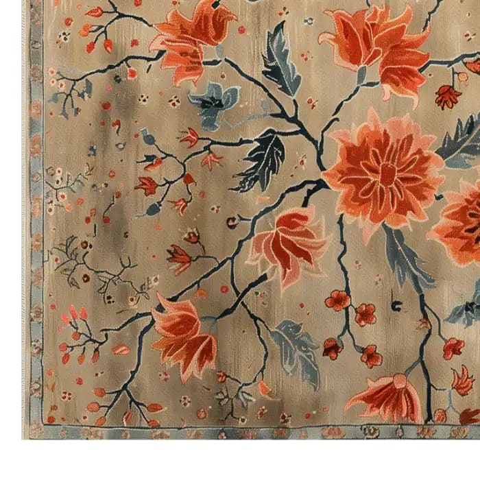 The Crimson Lotus Hand Tufted Wool Rug features a stunning floral design with vibrant red and orange blossoms and intricate leaves on a soft beige background. This area rug adds a touch of elegance and warmth to any room, showcasing fine craftsmanship and artistic detail.