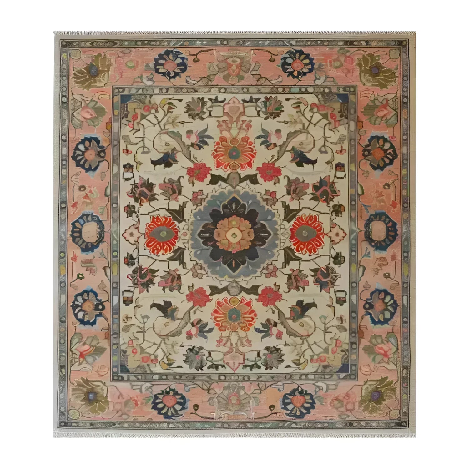 A beautifully intricate hand-knotted area rug titled 'Crimson Medallion Serenity'. The rug features an elaborate floral pattern with vibrant reds, blues, and earthy tones, creating a striking centerpiece. Its detailed border enhances the overall elegance, making it a perfect addition to any sophisticated living space.