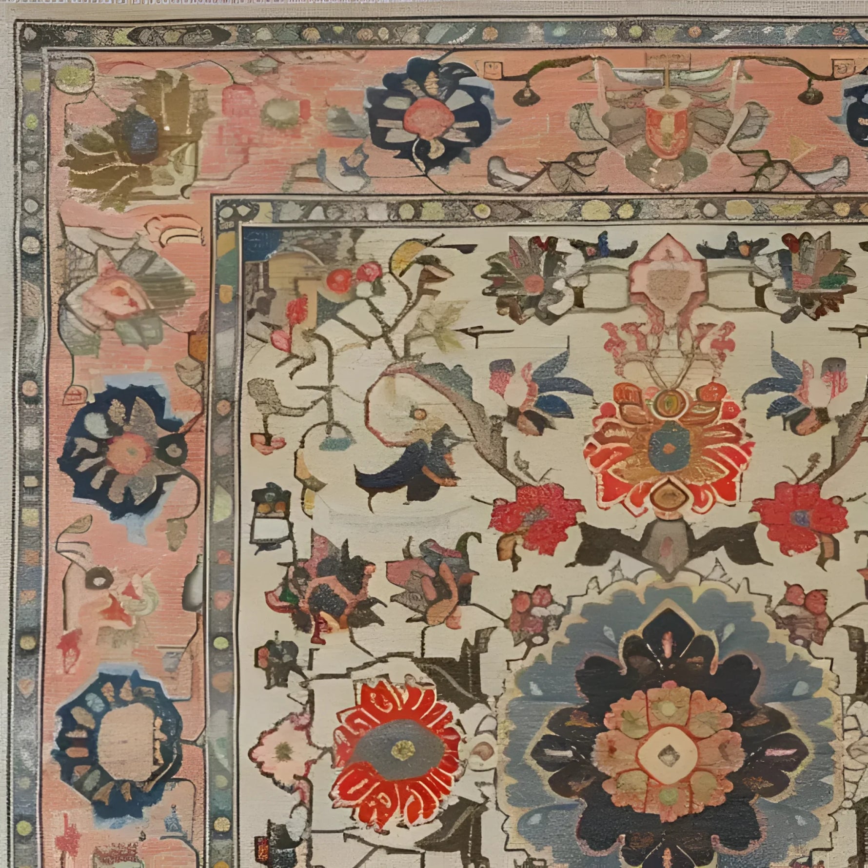 Close-up of the Crimson Medallion Serenity Hand Knotted Area Rug, showcasing intricate floral and Persian-inspired patterns in vibrant colors, ideal for large living room rugs. Perfect as a vintage rug for those seeking a touch of elegance in their living space.