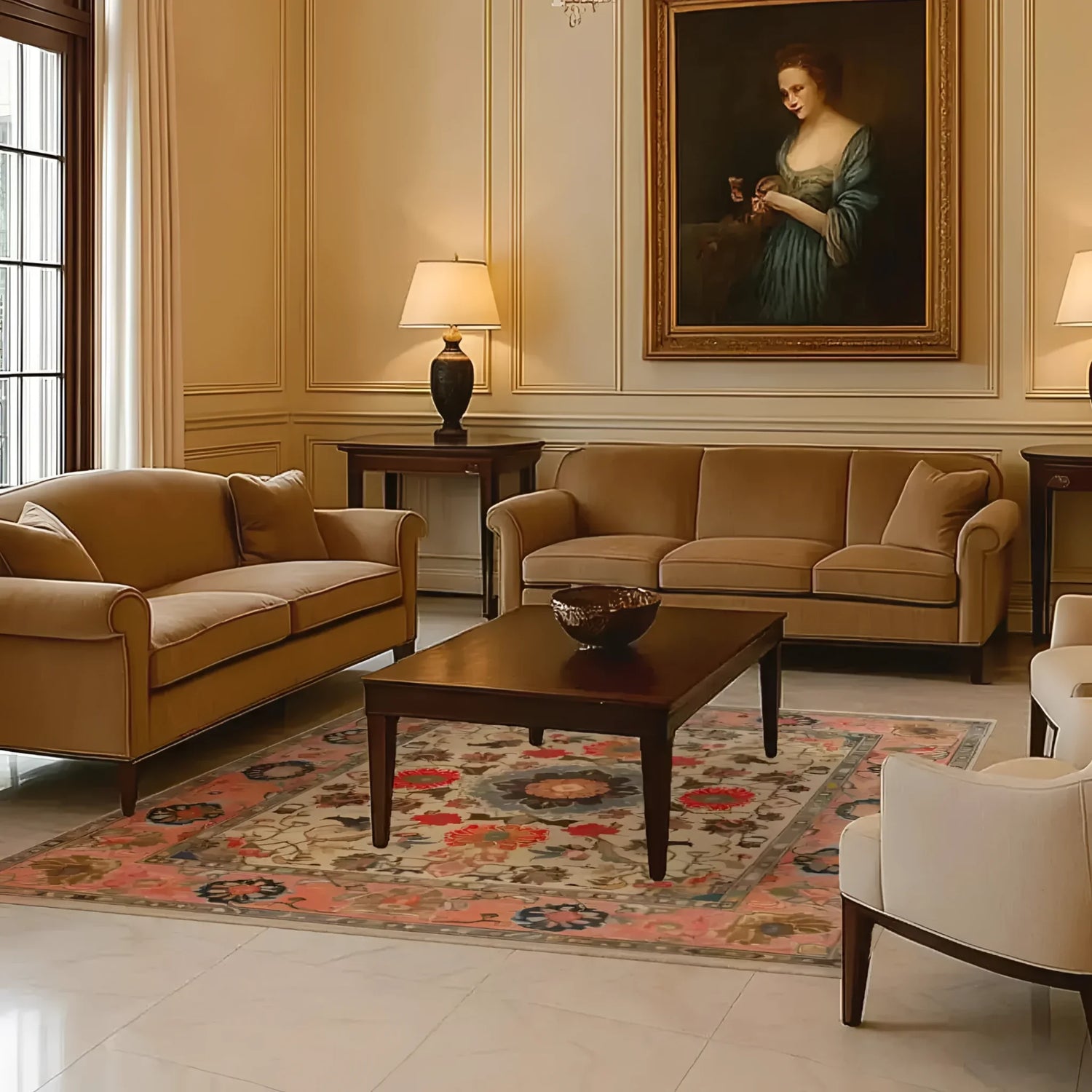 Elegant living room featuring the Crimson Medallion Serenity Hand Knotted Area Rug, an exquisite 8x10 vintage floral rug. This large Persian rug adds a touch of sophistication to the space, complementing the classic furniture and warm lighting.