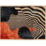 Top view of a Crimson Noir Classic Hand Tufted Area Rug featuring an abstract design with bold black and beige stripes and rich crimson accents. Perfect for contemporary settings, this wool rug enhances both bedroom and dining room spaces.