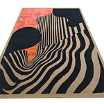Crimson Noir Classic Hand Tufted Area Rug featuring abstract black and white stripes with coral accents, perfect for adding a contemporary touch to bedroom or dining room decor. This wool rug combines modern design with timeless elegance, making it an ideal choice for bedroom area rugs or dining room area rugs.