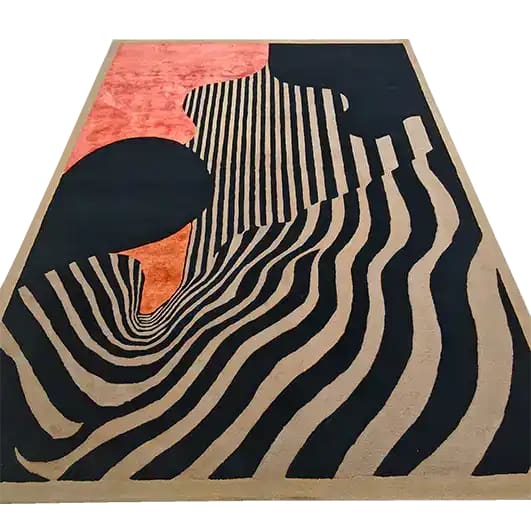 Crimson Noir Classic Hand Tufted Area Rug featuring abstract black and white stripes with coral accents, perfect for adding a contemporary touch to bedroom or dining room decor. This wool rug combines modern design with timeless elegance, making it an ideal choice for bedroom area rugs or dining room area rugs.