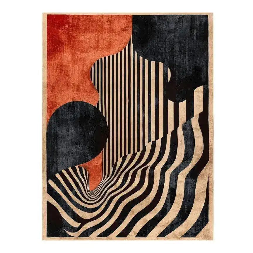 The Crimson Noir Classic Hand Tufted Rug features an abstract design with bold black and cream stripes that create a wave-like pattern, complemented by deep red and black circular forms. Perfect for adding a modern touch to your living room, this wool area rug blends art and functionality seamlessly.