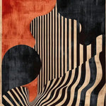 A striking abstract design of the Crimson Noir Classic Hand Tufted Rug, featuring bold black and cream stripes with deep red and black circular patterns. Perfect for adding a contemporary touch to your bedroom or dining room, this wool area rug combines style and comfort effortlessly.