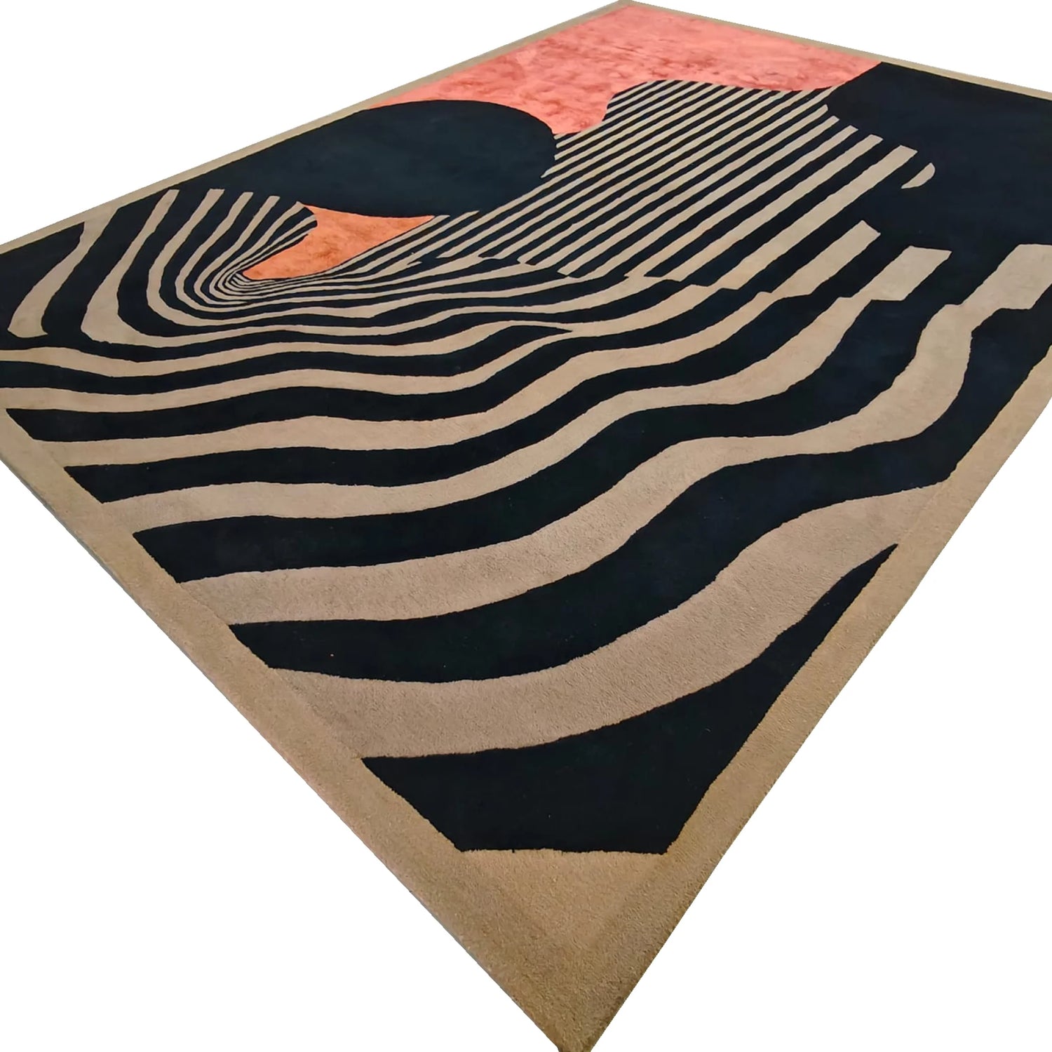 Flat top view of Crimson Noir rug, black wavy contour stripes on taupe with terracotta and navy accents