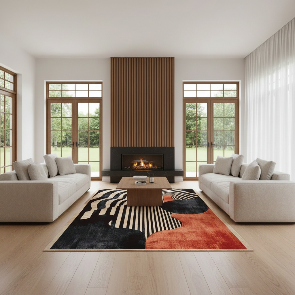 A modern living room with two cream sofas facing a black fireplace set against a brown slatted wall. A large abstract area rug in black, white, and rust orange is on the light wood floor, with a wooden coffee table in the center.