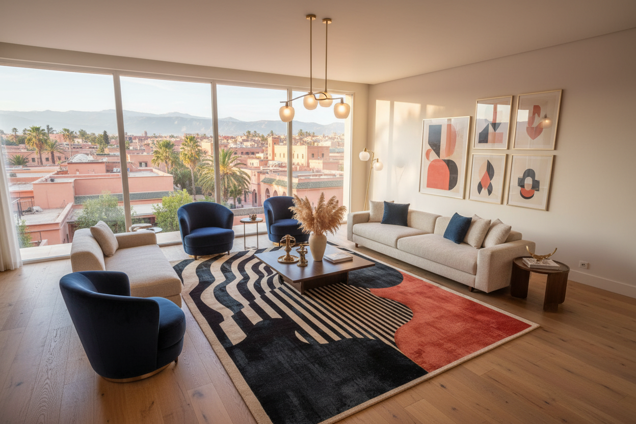 Crimson Noir rug in a sunlit modern lounge with navy chairs, cream sofa and wide city-view windows