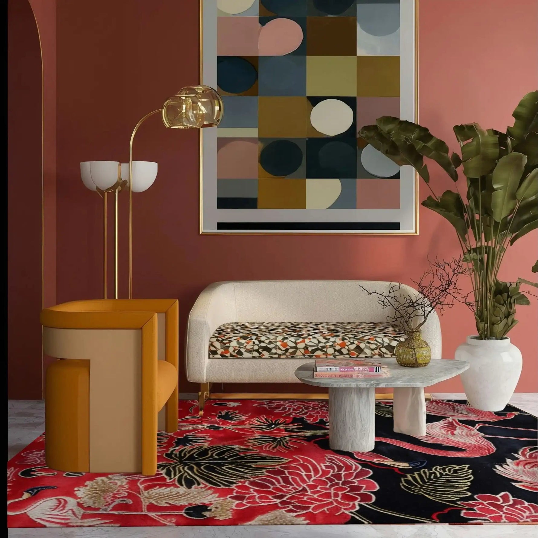 A vibrant living room featuring a Crimson Paradise Hand Tufted Area Rug with an abstract design in red and black hues. The wool rug adds a luxurious touch to the space, complementing the modern furniture and large wall art. Perfect for enhancing any living room area.