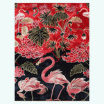 Vibrant Crimson Paradise Hand Tufted Area Rug, perfect for adding a bold statement to your living room. This wool rug features a striking design with flamingos and lush tropical foliage, ideal for enhancing any living room area.