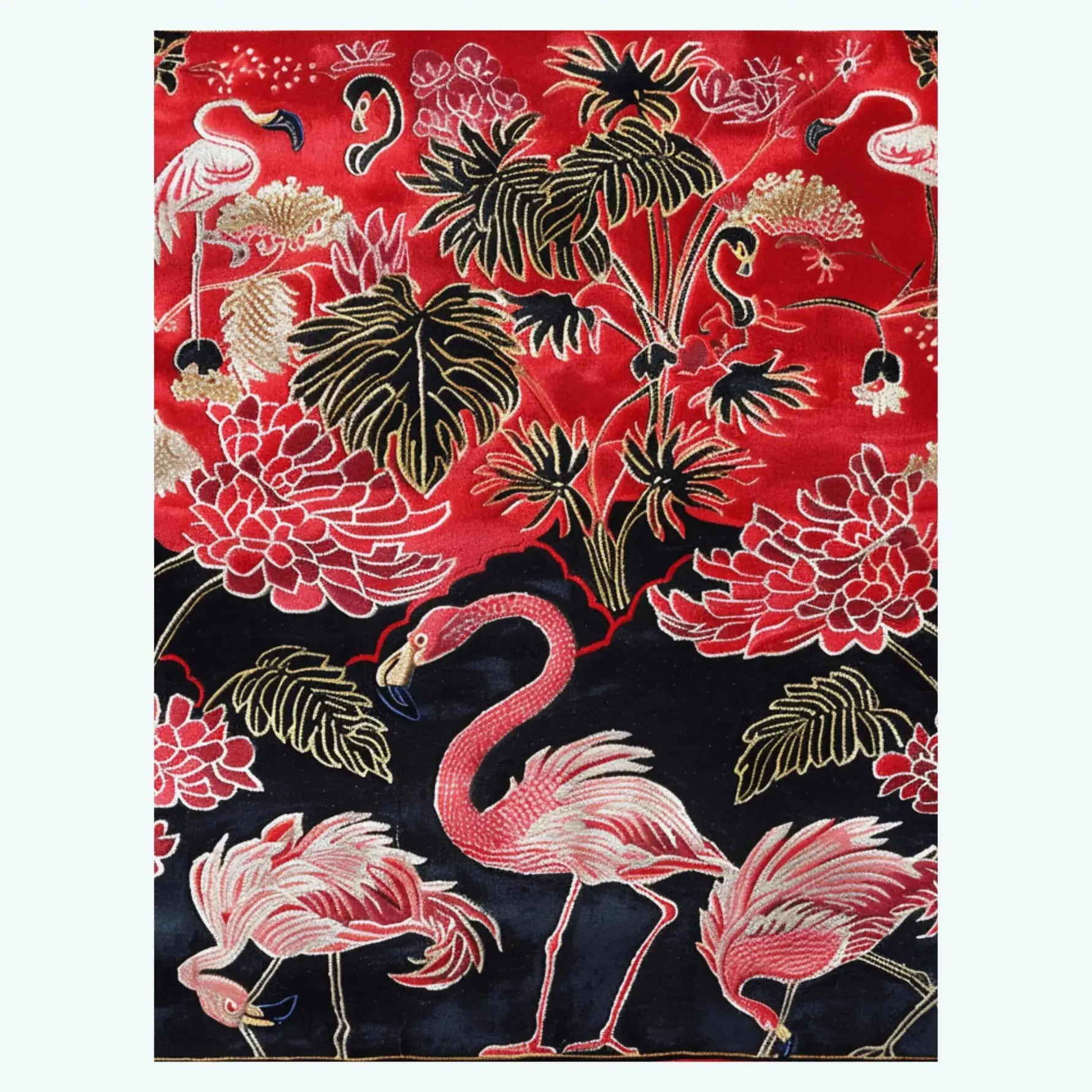 Vibrant Crimson Paradise Hand Tufted Area Rug, perfect for adding a bold statement to your living room. This wool rug features a striking design with flamingos and lush tropical foliage, ideal for enhancing any living room area.