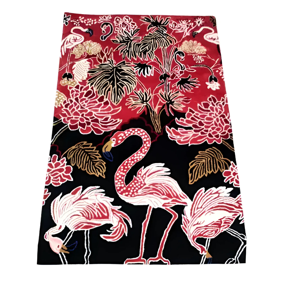 Vibrant Crimson Paradise hand tufted area rug featuring flamingos and tropical foliage in red, black, and white hues. Perfect for adding a touch of elegance to your living room, this wool rug combines stylish design with cozy comfort.
