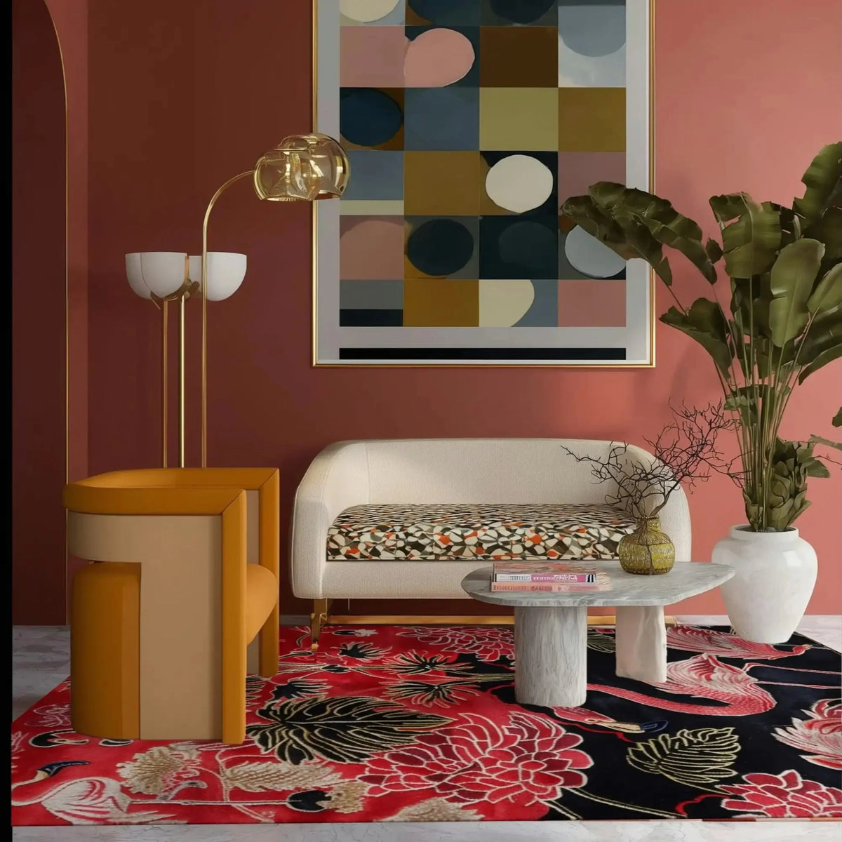 A vibrant living room featuring a Crimson Paradise Hand Tufted Area Rug with an abstract design in red and black hues. The wool rug adds a luxurious touch to the space, complementing the modern furniture and large wall art. Perfect for enhancing any living room area.