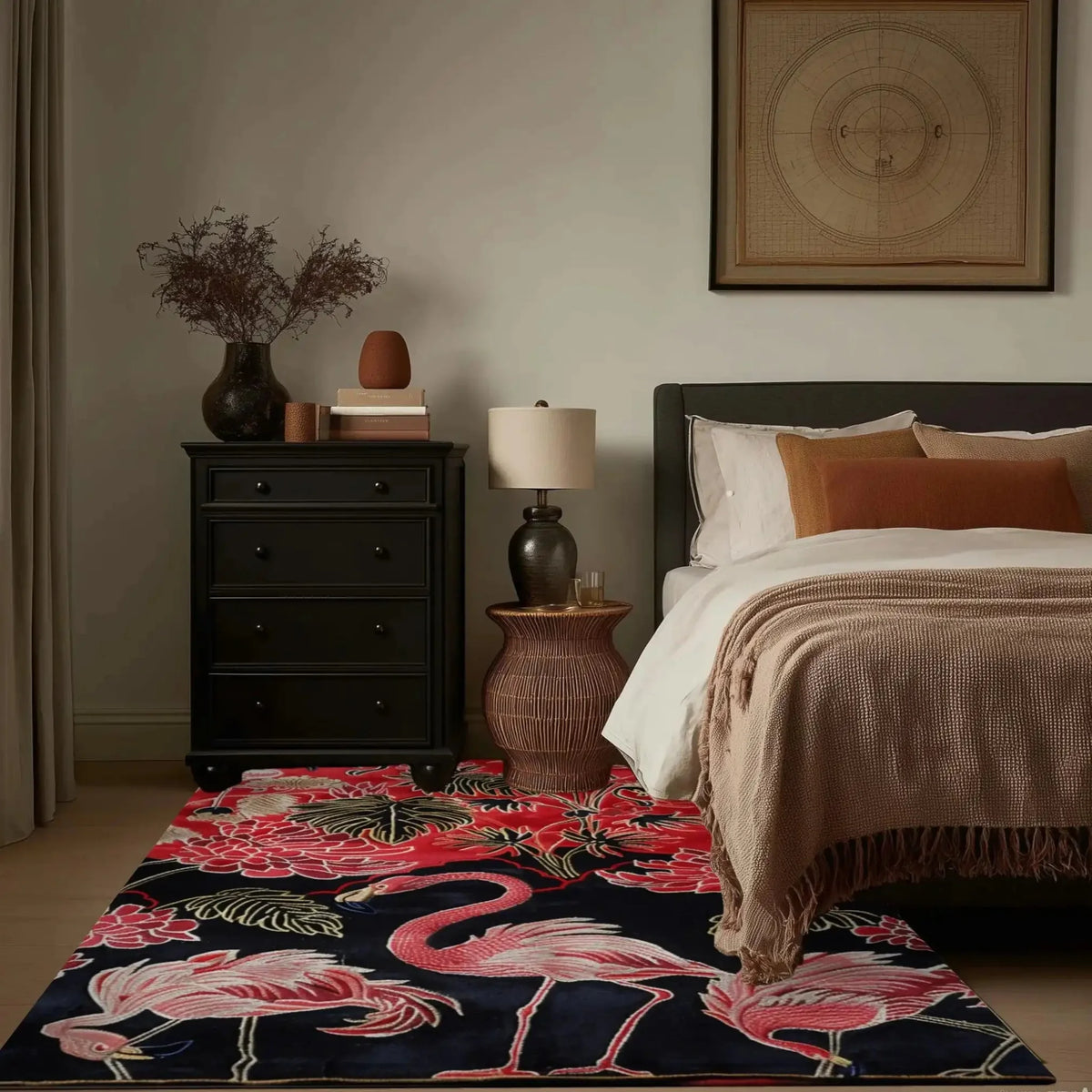A cozy living room featuring a Crimson Paradise Hand Tufted Area Rug with vibrant red and pink flamingo designs, adding a splash of color to the neutral tones of the bedroom setting. This wool rug enhances the warm, inviting atmosphere, perfect for any living room area.