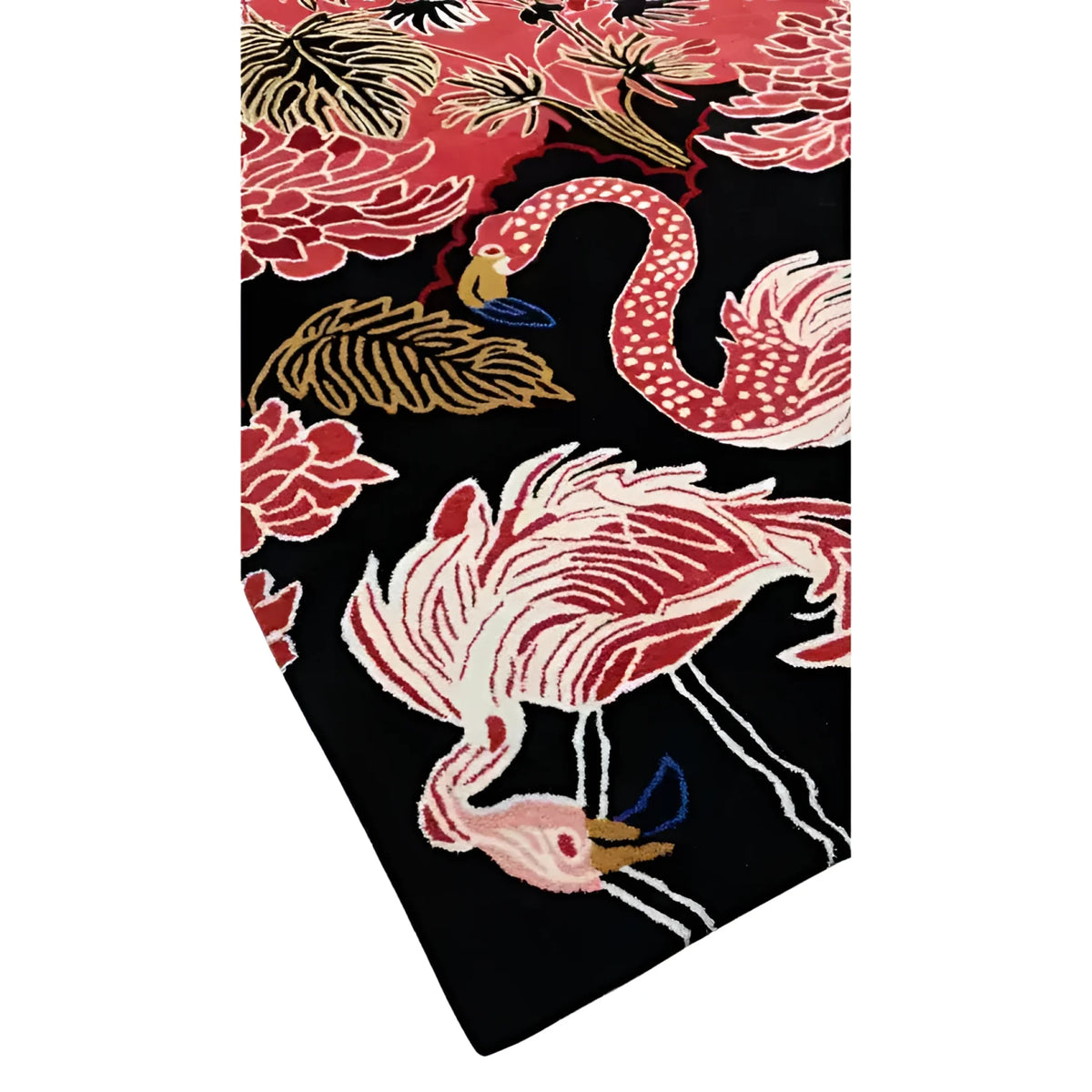 Vibrant and elegant area rug featuring a hand-tufted design with flamingos and floral patterns in crimson and pink hues. Perfect for enhancing living room decor, this wool rug adds a touch of artistic flair and warmth to any space.