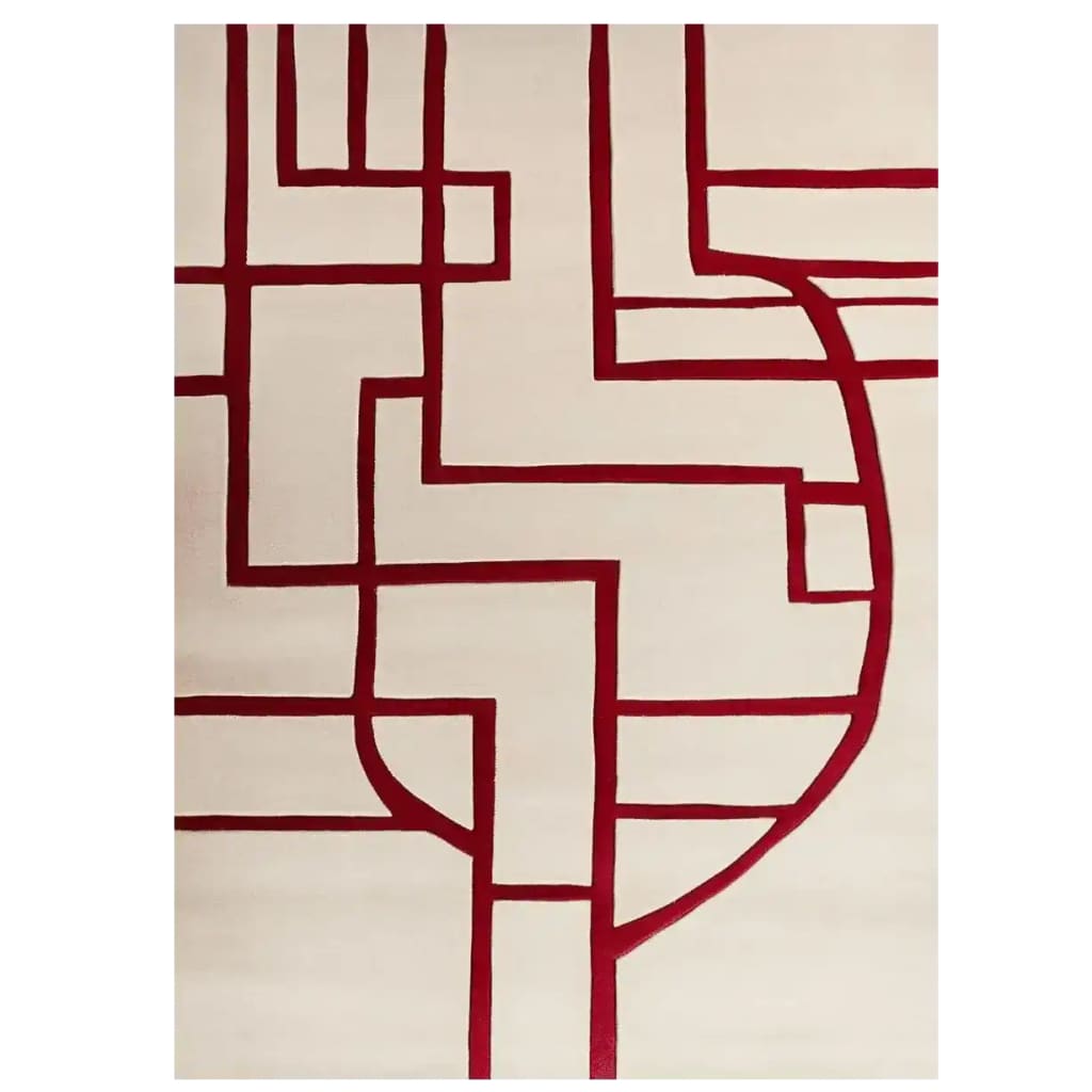 A stylish area rug featuring a contemporary geometric pattern with bold crimson lines on a soft, cream background. Perfect for adding a modern touch to any living room, this wool rug combines elegance with comfort.