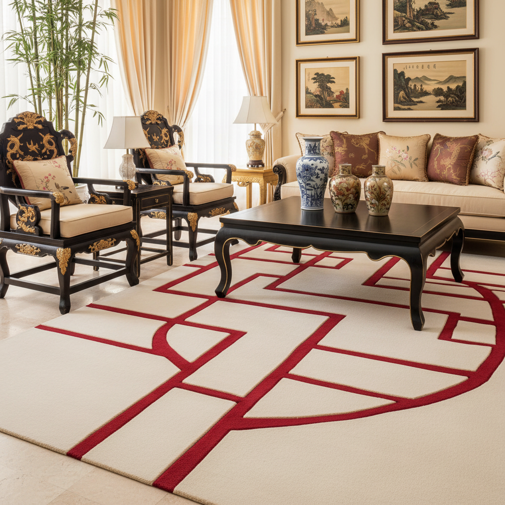 Living room with traditional decor, including a sofa, white and red rug, chairs, and a coffee table.