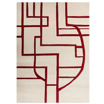 A stylish area rug featuring a contemporary geometric pattern with bold crimson lines on a soft, cream background. Perfect for adding a modern touch to any living room, this wool rug combines elegance with comfort.