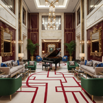 Luxurious interior of a hotel lobby with a contemporary wool rug, elegant furniture and decor.