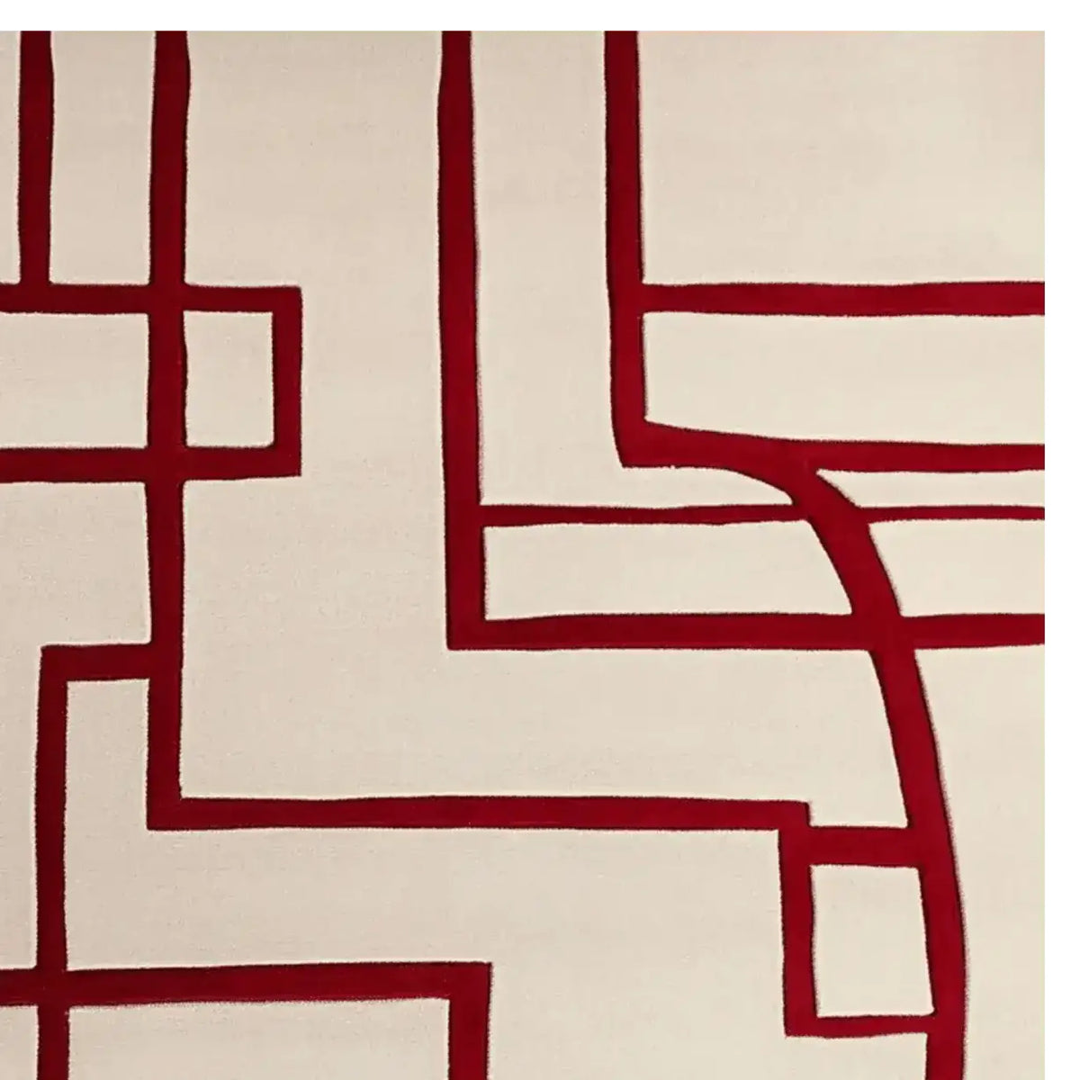 Top view of the Crimson Path Grid Hand Tufted Area Rug featuring a contemporary design with bold crimson lines on a soft woolen background. Perfect for adding a modern touch to any living room setting.