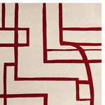 Top view of the Crimson Path Grid Hand Tufted Area Rug featuring a contemporary design with bold crimson lines on a soft woolen background. Perfect for adding a modern touch to any living room setting.
