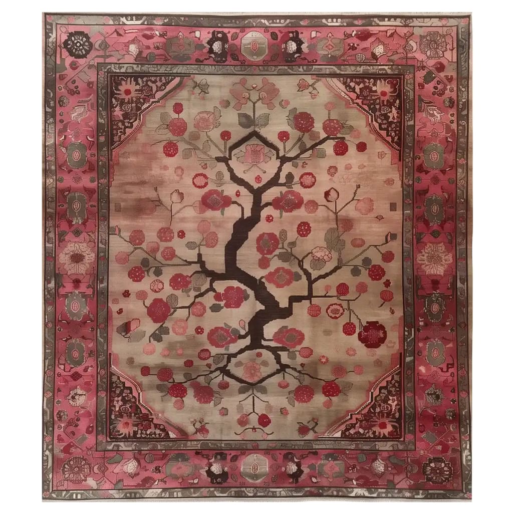 Elegant area rug featuring a detailed tree motif with vibrant red and pink floral patterns, surrounded by a rich crimson border with intricate designs. Perfect for adding a touch of sophistication to any room.