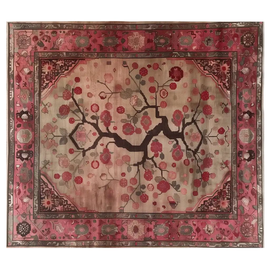 A beautifully designed area rug featuring an intricate floral pattern with branches and red blossoms, surrounded by a decorative border in shades of crimson and pink.