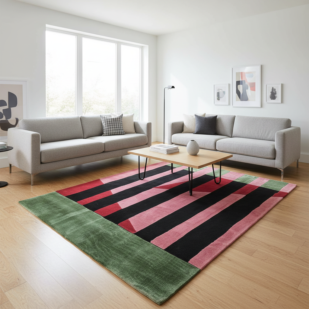 Modern living room with a colorful striped rug, gray sofas, and a wooden coffee table.