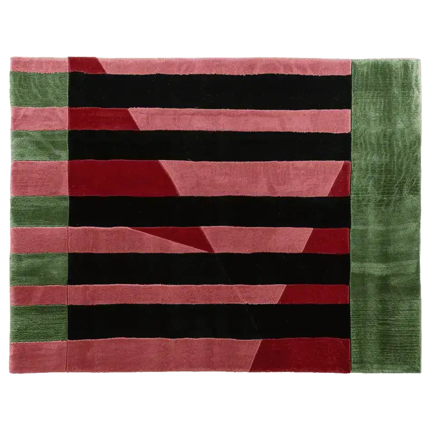This Crimson Shadow Columns Hand Tufted Area Rug features a striking contemporary design with bold red, black, and green geometric patterns. Ideal for adding a modern touch to your living room, this wool rug offers both style and comfort, making it a perfect choice for area rugs in any living space.