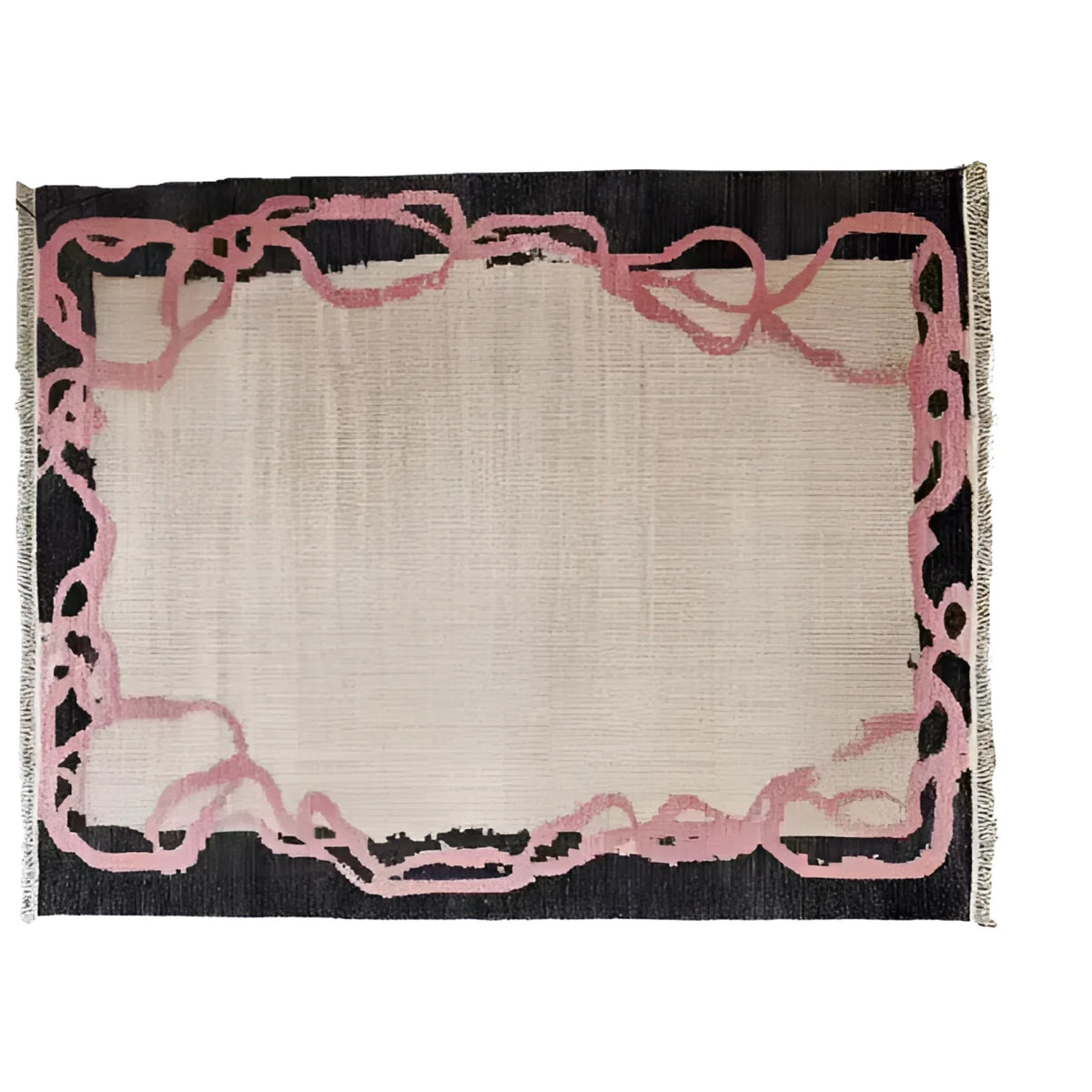 Top view of Crimson Thread Hand Knotted Wool Rug, featuring a beige center bordered by an intricate pink abstract design on a dark background. This area rug is perfect for enhancing the elegance of an office or formal dining room.