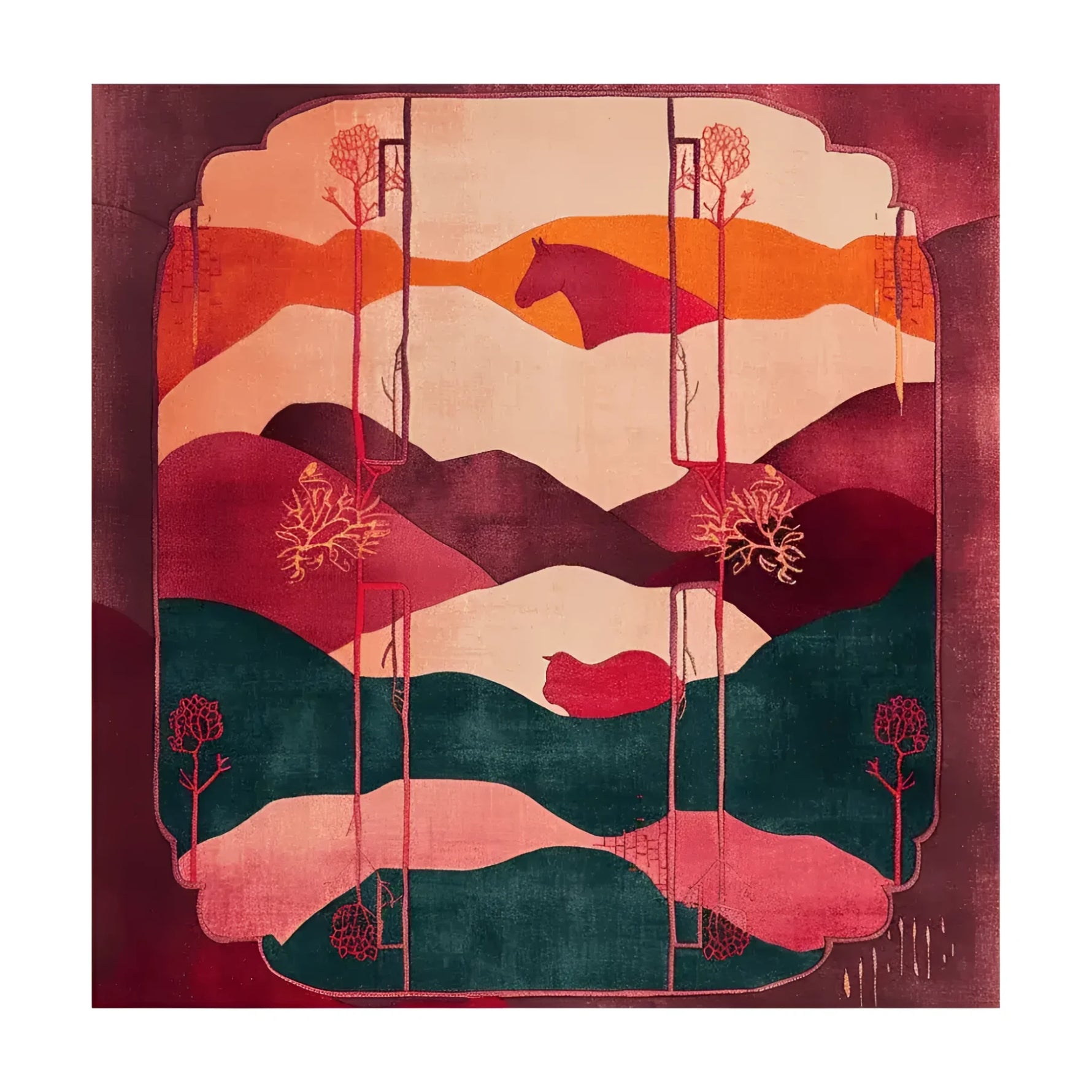 The Crimson Valley Hand Tufted Rug showcases an abstract landscape design with rich hues of red, orange, and green, ideal for enhancing an office or large living room. This wool area rug for living rooms combines artistic flair with practical comfort, perfect for creating a warm and inviting space.