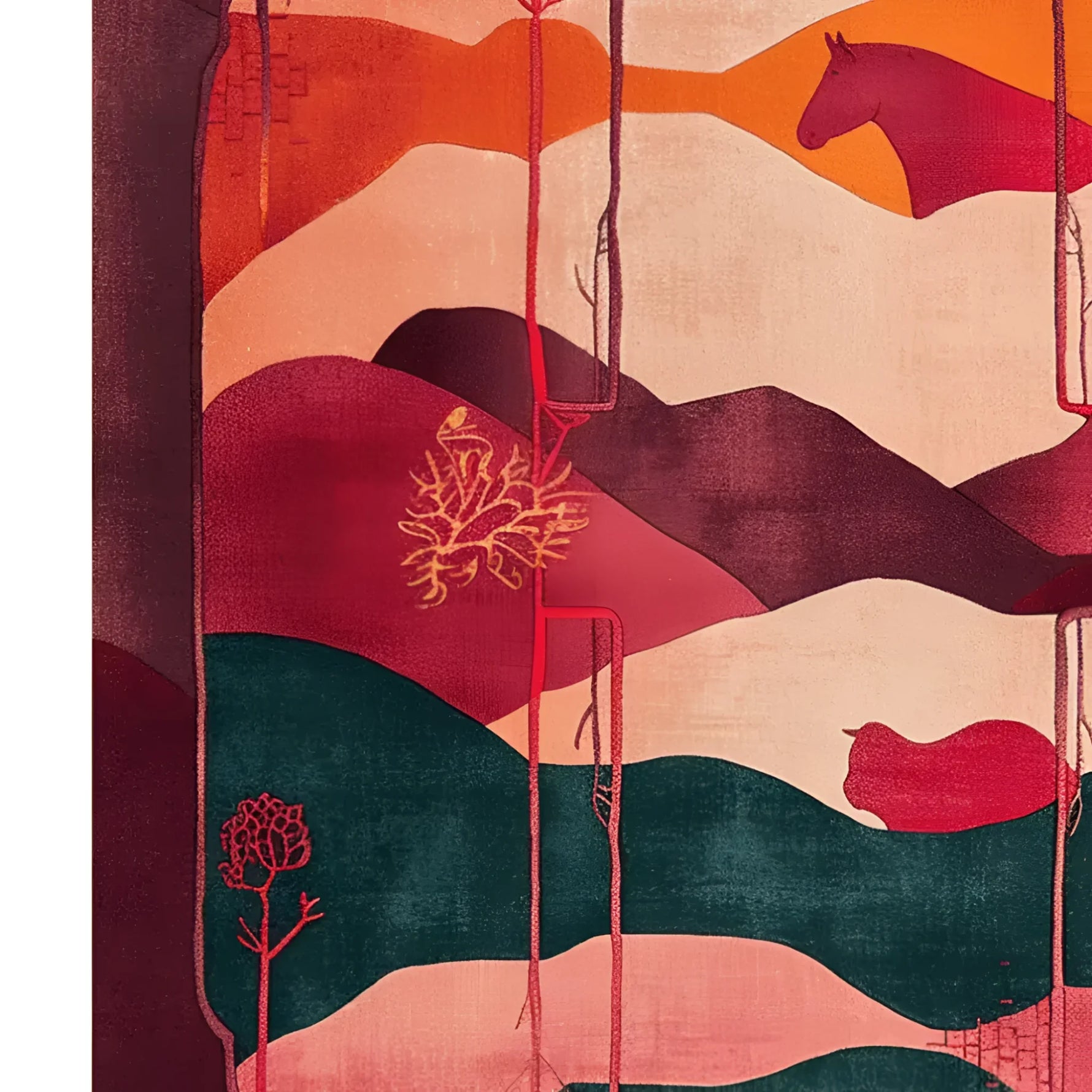 A vibrant Crimson Valley hand-tufted wool rug featuring an abstract design with rich hues of red, orange, and green. Ideal as an area rug for a large living room or office, this piece adds a bold artistic touch to any space.