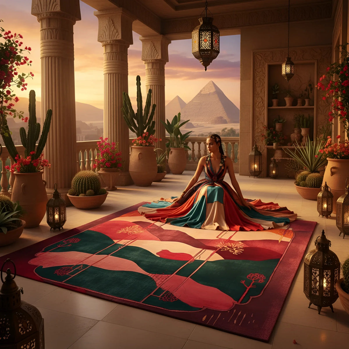 Woman in a colorful dress sitting on a large decorative rug with a scenic view of pyramids in the background.