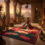 Woman in a colorful dress sitting on a large decorative rug with a scenic view of pyramids in the background.