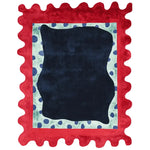 Top view of the Crimson Wave Pebbles Hand Tufted Area Rug featuring vibrant red waves framing a dark abstract center with blue polka dots, perfect for contemporary rugs for living room. This wool rug blends artistry and comfort beautifully.